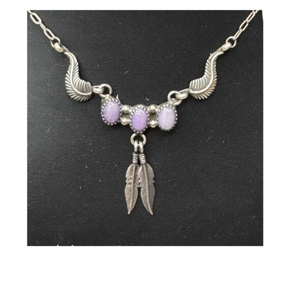 Artisan Jewelry - Vintage Navajo Sterling Silver Necklace Purple Amethyst Feather Pendant 20"